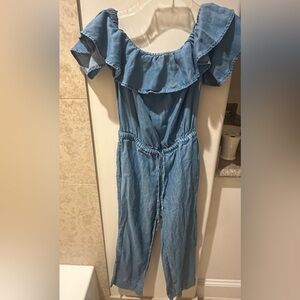 Blue off the shoulder jumpsuit